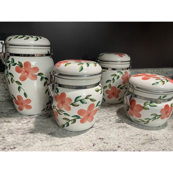 Unbranded Other - Canisters With Latched Lids Hand Painted Fruit Pattern Set of 4 Ceramic VTG